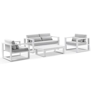"Hawaii" Hamptons Style Outdoor Setting with 2 Seater Lounge & 2 x 1 Seater Lounges plus Coffee Table in White with Olefin Grey Cushions