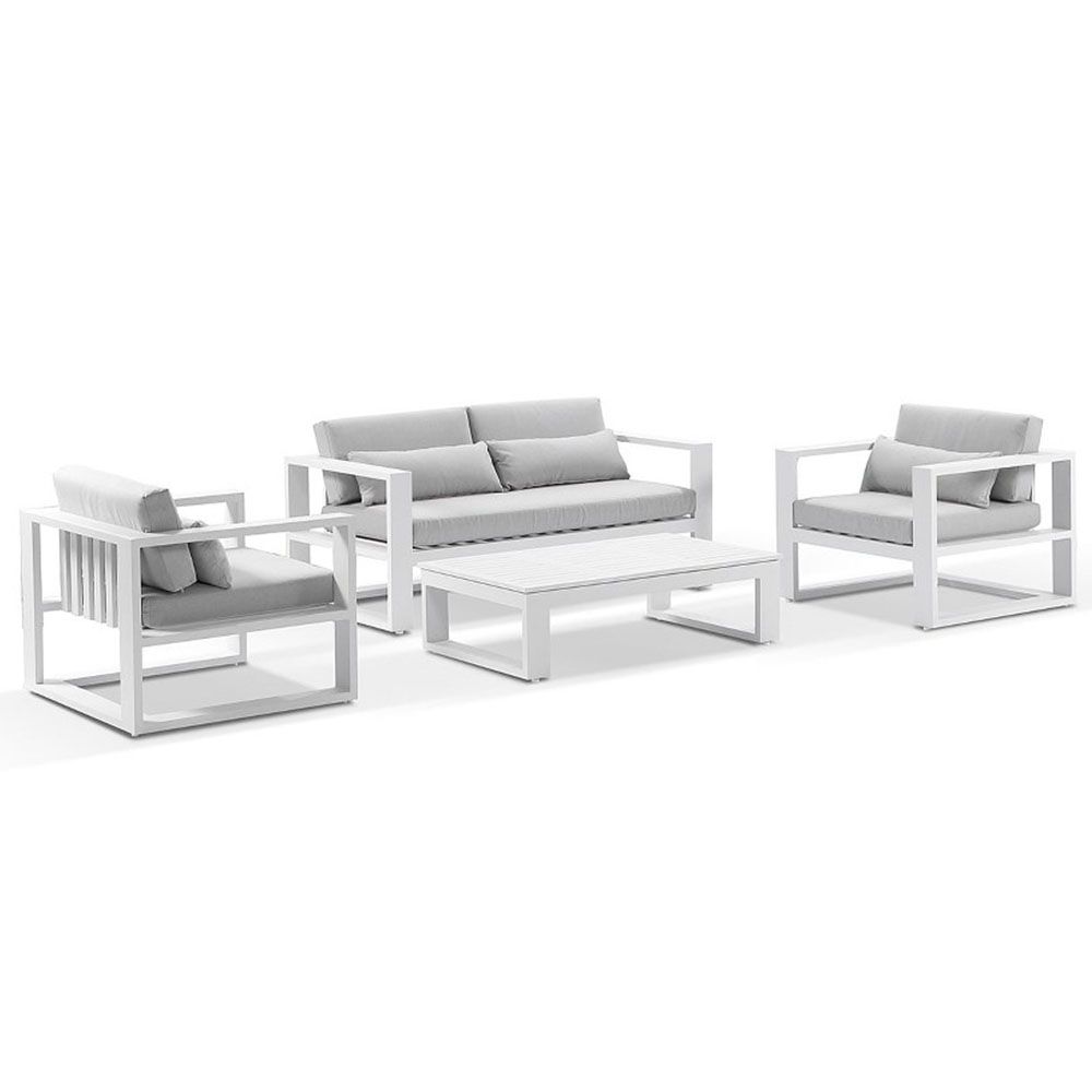 "Hawaii" Hamptons Style Outdoor Setting with 2 Seater Lounge & 2 x 1 Seater Lounges plus Coffee Table in White with Olefin Grey Cushions