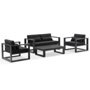 "Hawaii" Hamptons Style Outdoor Setting with 2 Seater Lounge & 2 x 1 Seater Lounges plus Coffee Table in Charcoal with Denim Grey Cushions