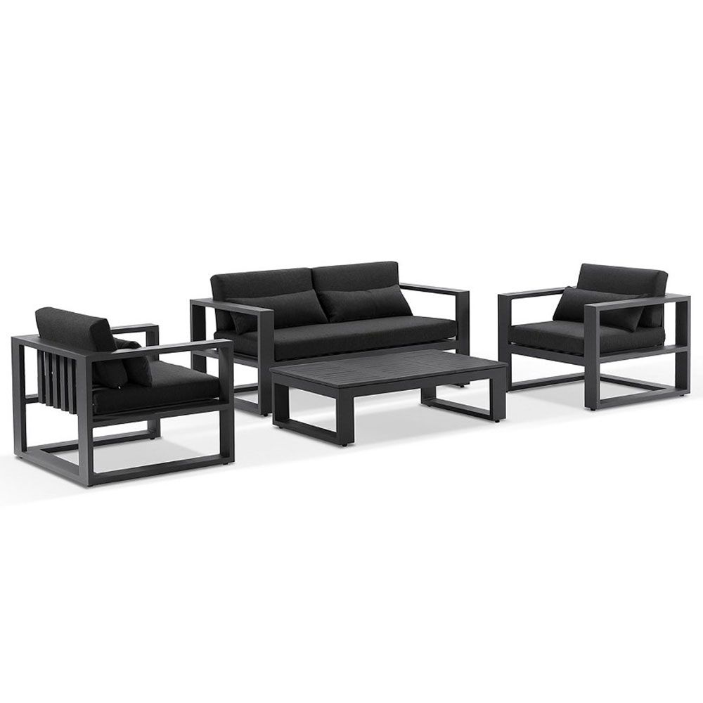 "Hawaii" Hamptons Style Outdoor Setting with 2 Seater Lounge & 2 x 1 Seater Lounges plus Coffee Table in Charcoal with Denim Grey Cushions