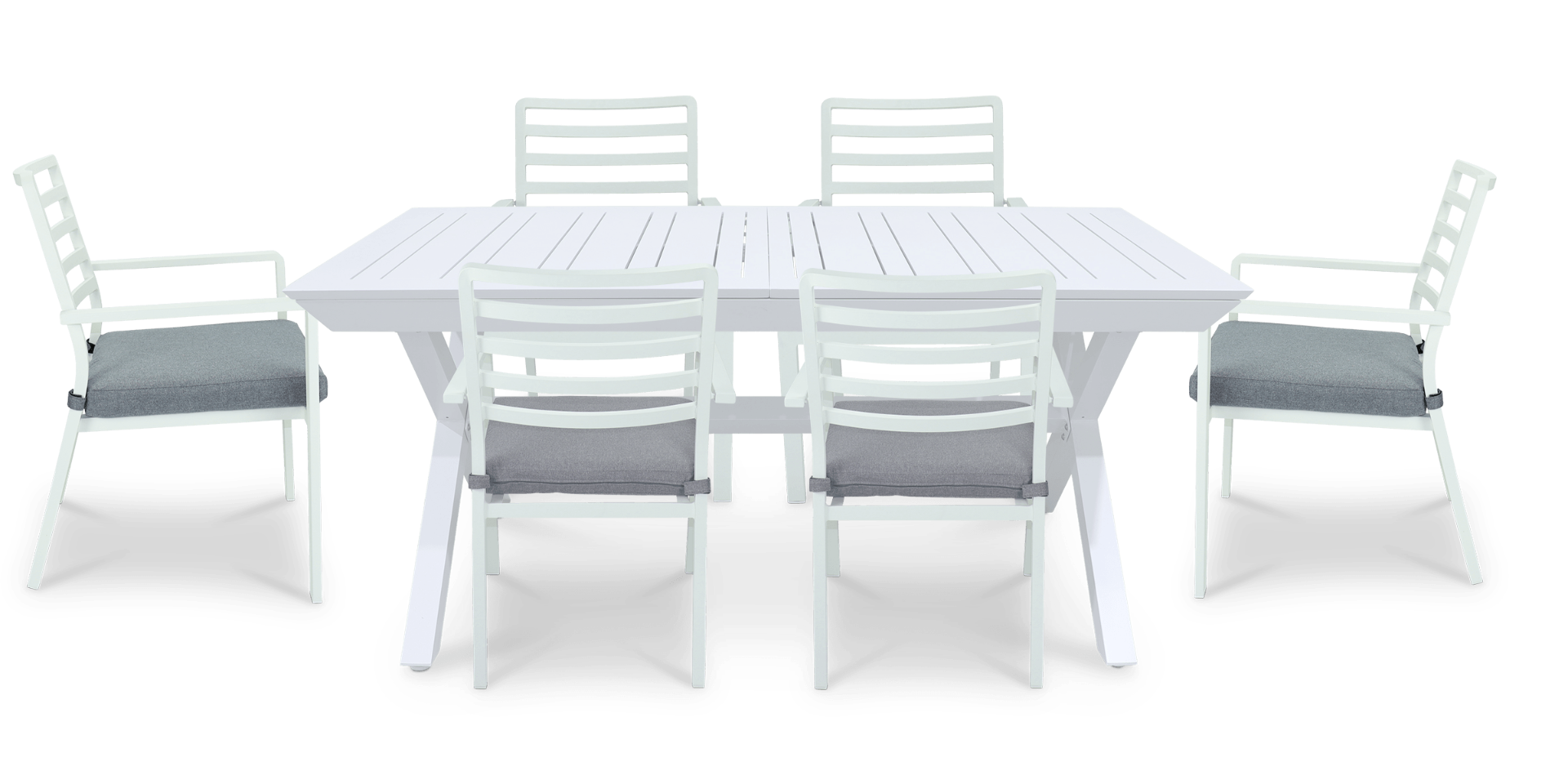 "Breeze" Hamptons Style Outdoor 7 Piece Extension Dining Setting in Arctic White with Platinum Olefin Cushions