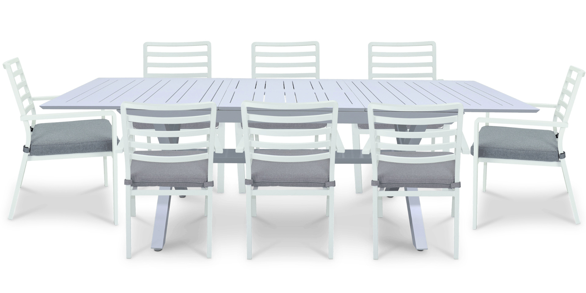 "Breeze" Hamptons Style Outdoor 9 Piece Extension Dining Setting in Arctic White with Platinum Olefin Cushions