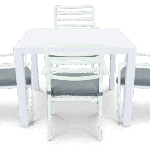 wp-image-tigress-39848.png "Marina" Hamptons Style Outdoor 5 Piece Square Dining Setting in Arctic White with Platinum Olefin Cushions