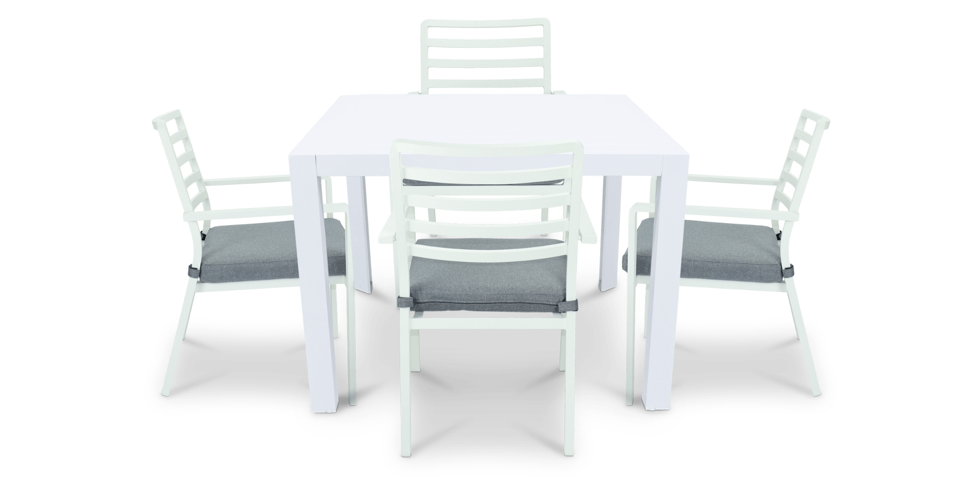 "Marina" Hamptons Style Outdoor 5 Piece Square Dining Setting in Arctic White with Platinum Olefin Cushions