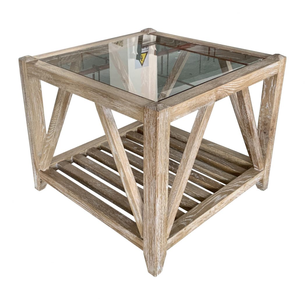 "Cabana" Hamptons Style Solid Timber Glass Top Side Table, White Wash Oak,60cmW x 60cmD x 45cmH (RRP $799)