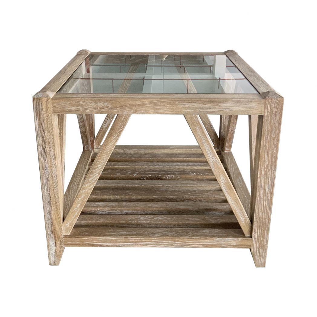 "Cabana" Hamptons Style Solid Timber Glass Top Side Table, White Wash Oak,60cmW x 60cmD x 45cmH (RRP $799) - Image 2