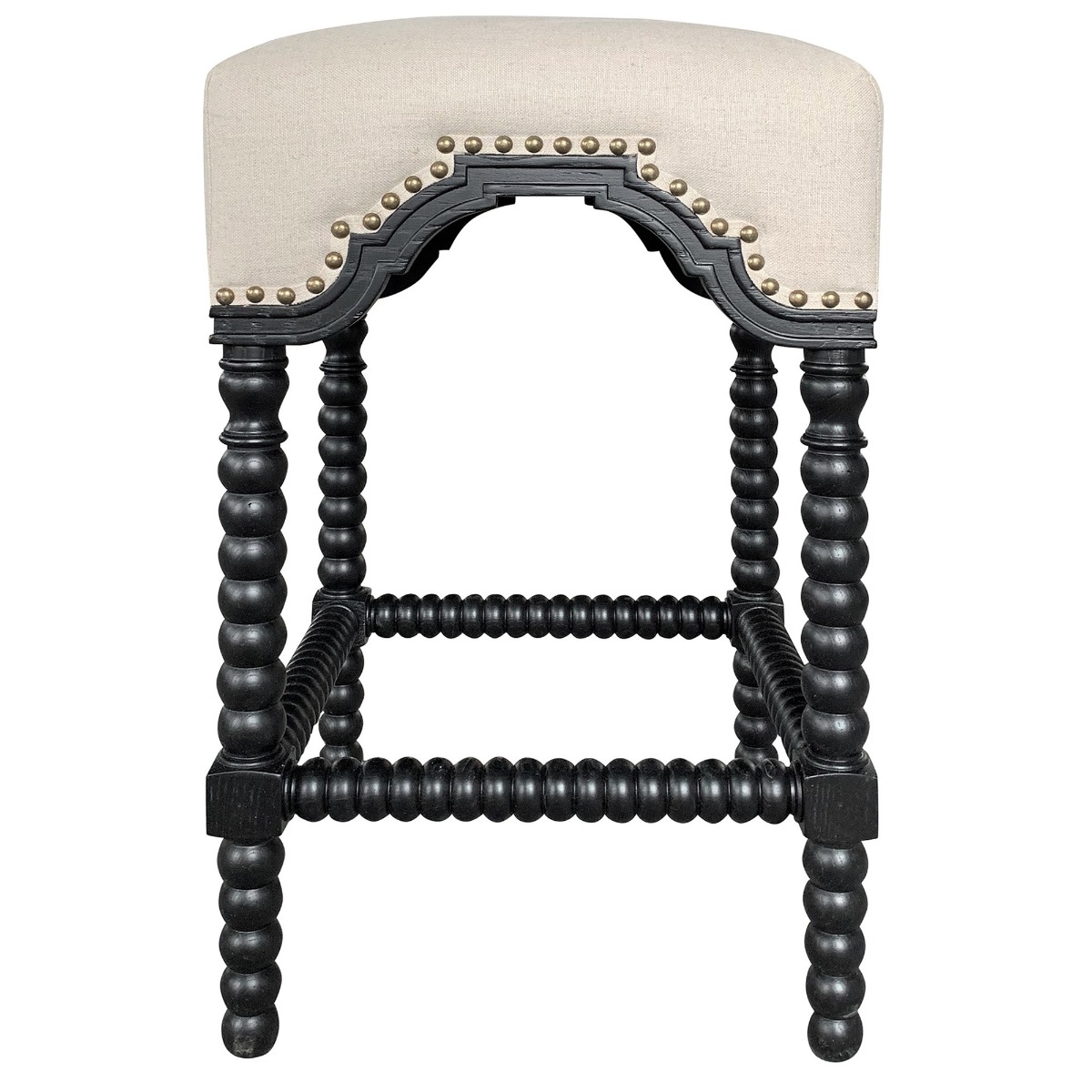 "Bobbin" Hamptons Style Linen Fabric & Oak Timber Barstool, Black & Oatmeal (RRP $699) - Image 2