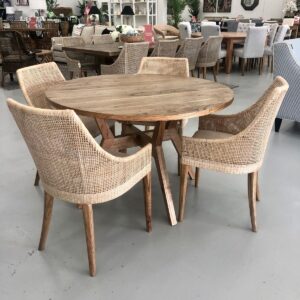 wp-image-tigress-40259.jpg "Bali" Hardwood Timber 120cm Round Dining Table + 4 Coral Bay Rattan Dining Chairs Whitewash (RRP $2499)