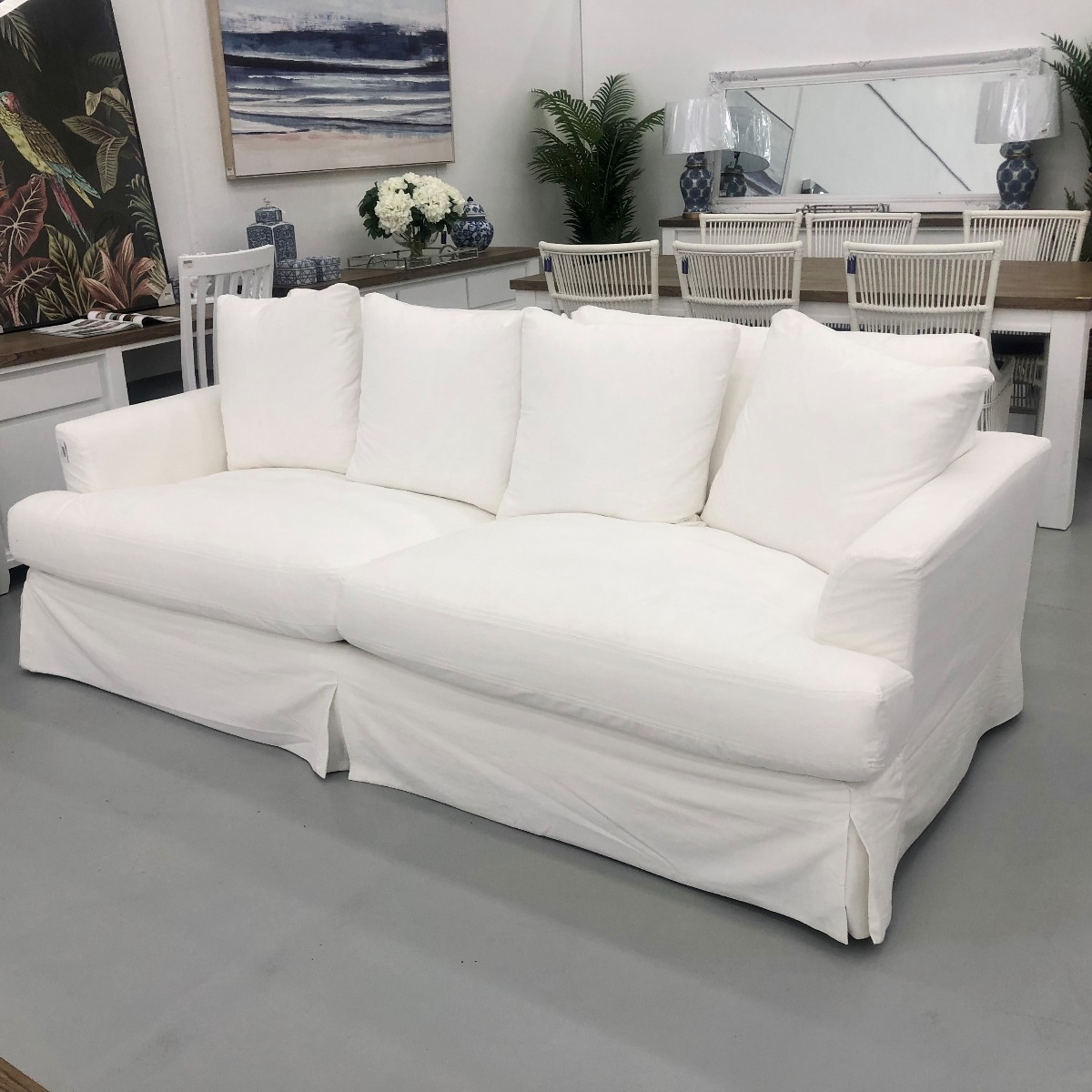"Somerset" Hamptons Style Fabric 3.5 Seater Sofa Lounge Feather Filled with Removable Slip Covers, White 236cmL x 115cmD x 91cmH (RRP $3999)