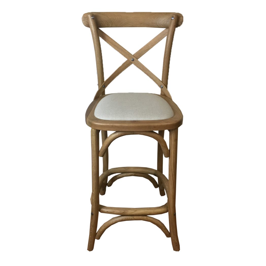"Paris" Hamptons Style Oak Timber Barstool Cross Back Natural Oak with Linen Seat - Image 2