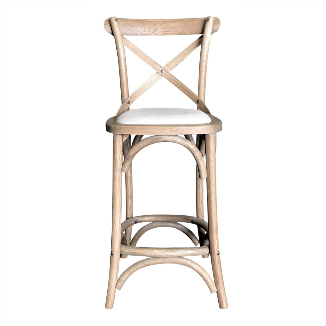 "Paris" Hamptons Style Oak Timber Barstool Cross Back Weathered Oak with Linen Seat