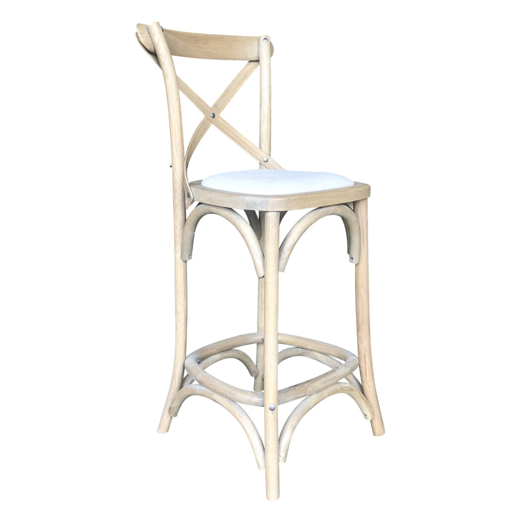 "Paris" Hamptons Style Oak Timber Barstool Cross Back Weathered Oak with Linen Seat - Image 2