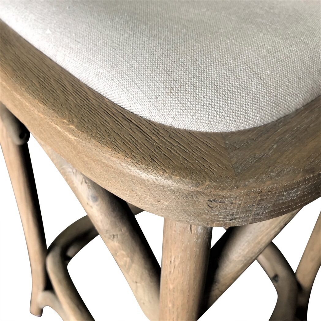 "Paris" Hamptons Style Oak Timber Barstool Cross Back Weathered Oak with Linen Seat - Image 3