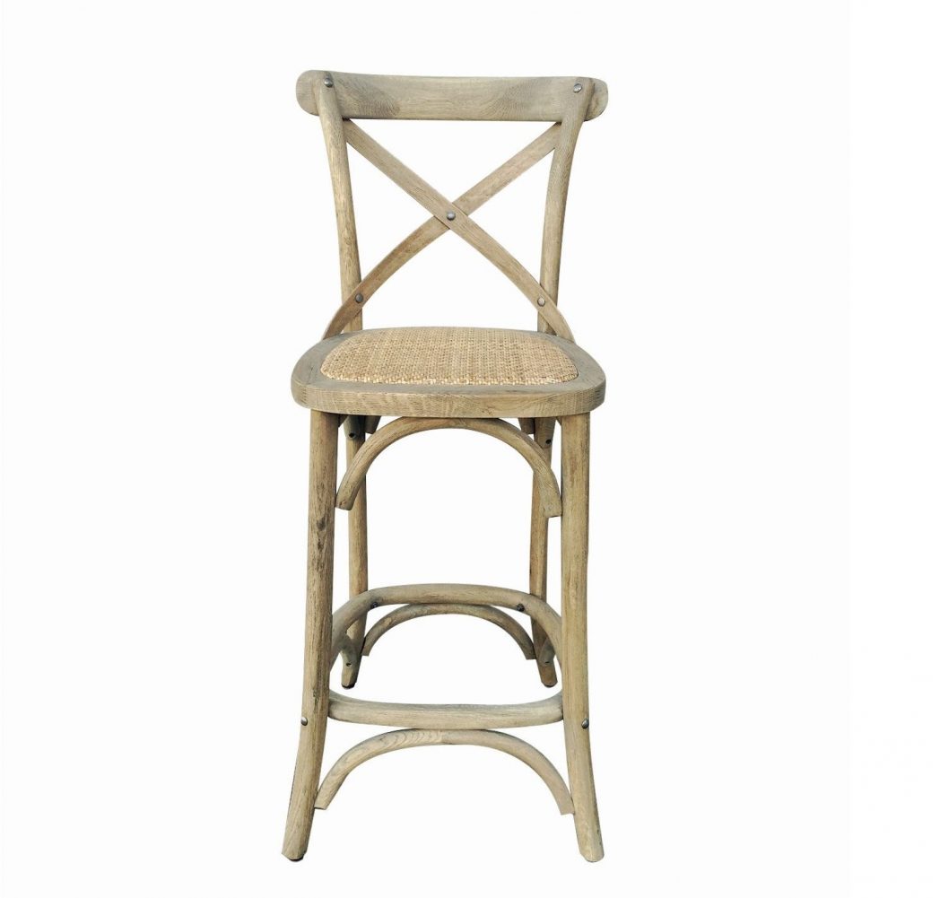 "Paris" Hamptons Style Oak Timber Barstool Cross Back Weathered Oak with Rattan Seat