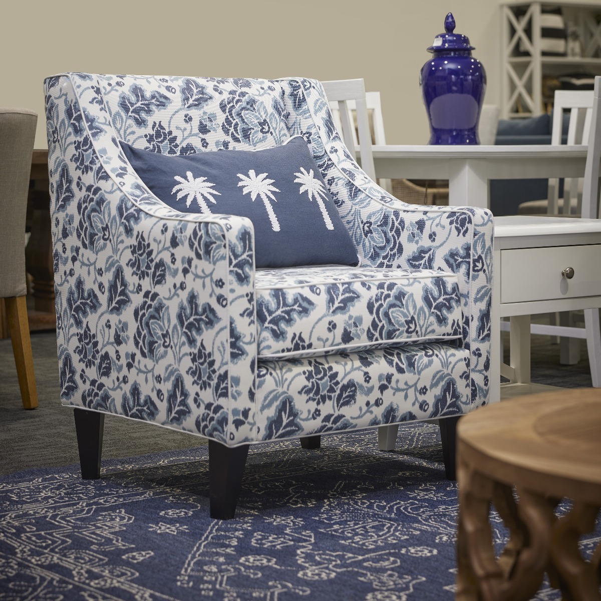"Amelie" Australian Made Hamptons Style Occasional Armchair, Warwick Montauk Range Fabric with White Piping (RRP $1699)