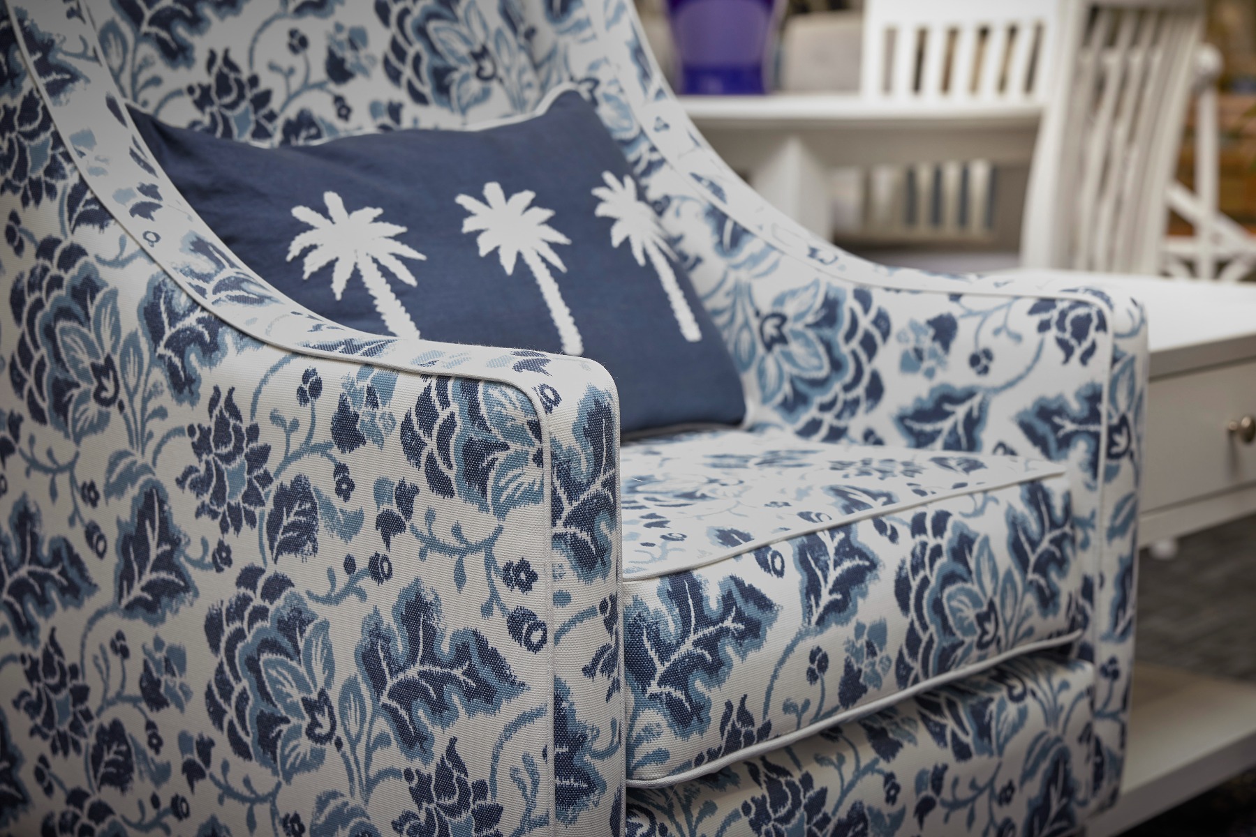 "Amelie" Australian Made Hamptons Style Occasional Armchair, Warwick Montauk Range Fabric with White Piping (RRP $1699) - Image 6