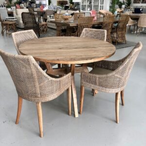 wp-image-tigress-40439.jpg "Bali" Hardwood Timber 120cm Round Dining Table + 4 Coral Bay Rattan Dining Chairs Greywash (RRP $2499)