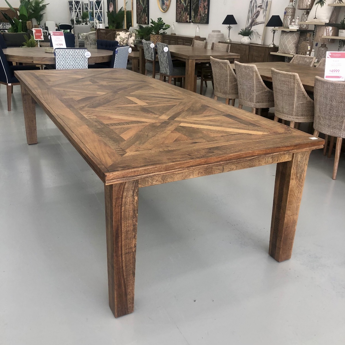"Hayman" Hamptons Style Hardwood Timber Parquetry Dining Table, Vintage Finish, 300x120x77cm (RRP $3999)
