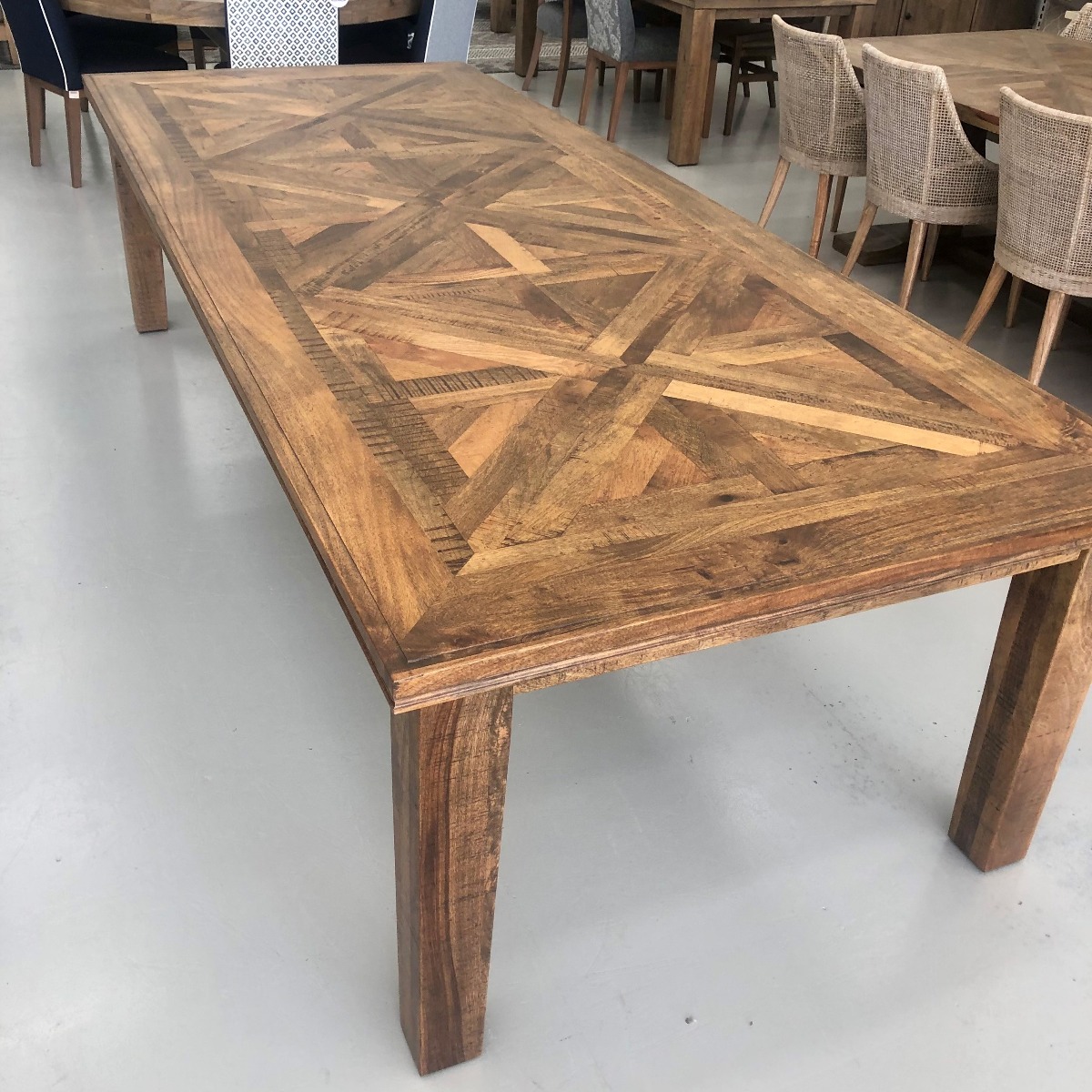 "Hayman" Hamptons Style Hardwood Timber Parquetry Dining Table, Vintage Finish, 300x120x77cm (RRP $3999) - Image 2