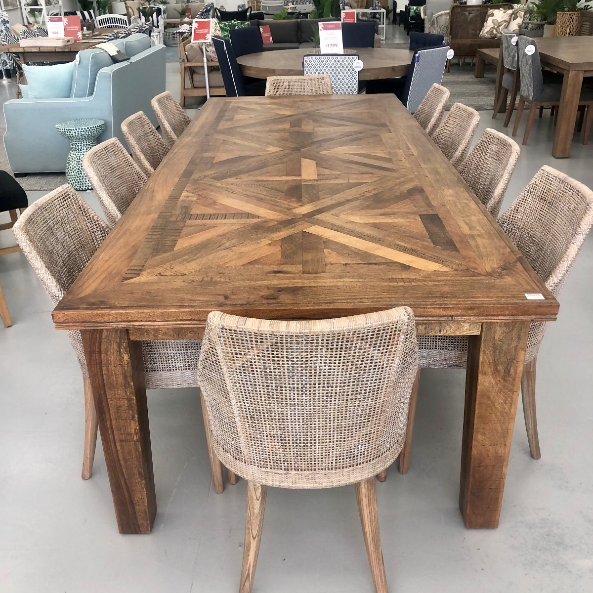 "Hayman" Resort Style Hardwood Timber Parquetry 11 Piece Dining Package, Vintage Finish, 300x120x77cm (RRP $7999) - Image 2