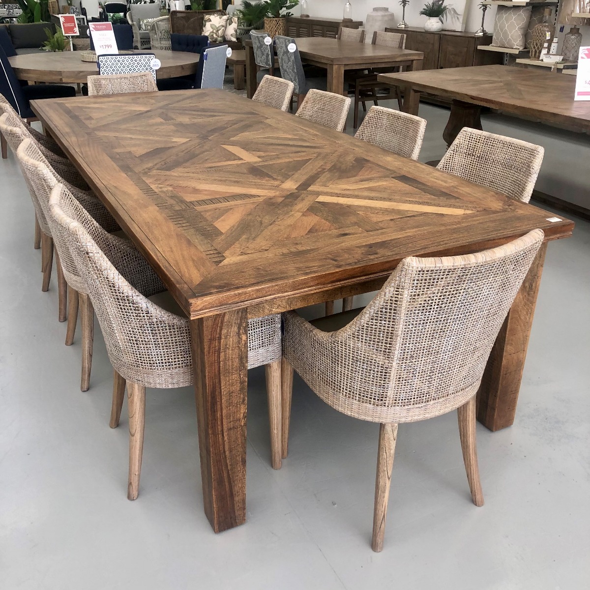 "Hayman" Resort Style Hardwood Timber Parquetry 11 Piece Dining Package, Vintage Finish, 300x120x77cm (RRP $7999) - Image 3