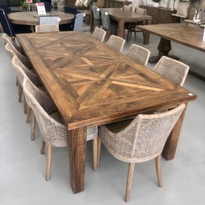 wp-image-tigress-40600.jpg "Hayman" Resort Style Hardwood Timber Parquetry 11 Piece Dining Package, Vintage Finish, 300x120x77cm (RRP $7999)
