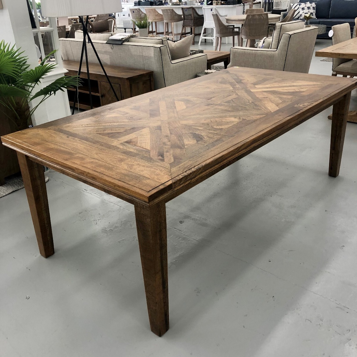 "Hayman" Resort Style Hardwood Timber Parquetry Dining Table, Vintage Finish, 220x110x77cm (RRP $2999) - Image 2