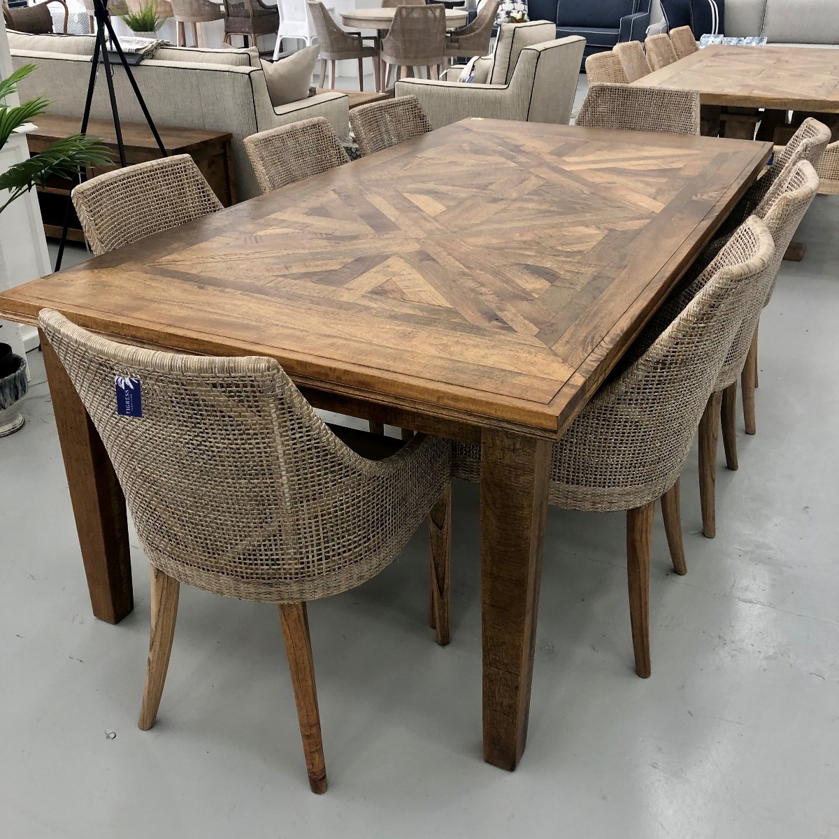 "Hayman" Resort Style Hardwood Timber Parquetry 9 Piece Dining Package, Vintage Finish, 220x110x77cm (RRP $5999) - Image 2