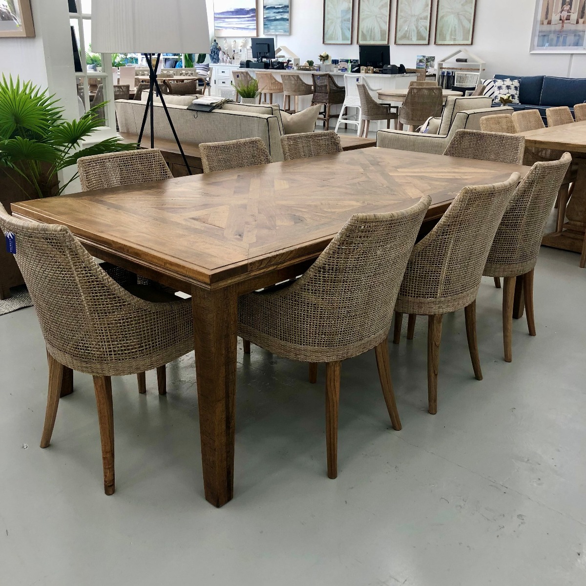 "Hayman" Resort Style Hardwood Timber Parquetry 9 Piece Dining Package, Vintage Finish, 220x110x77cm (RRP $5999) - Image 3