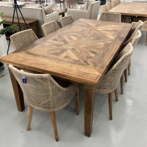 wp-image-tigress-40752.jpg "Hayman" Resort Style Hardwood Timber Parquetry 9 Piece Dining Package, Vintage Finish, 220x110x77cm (RRP $5999)