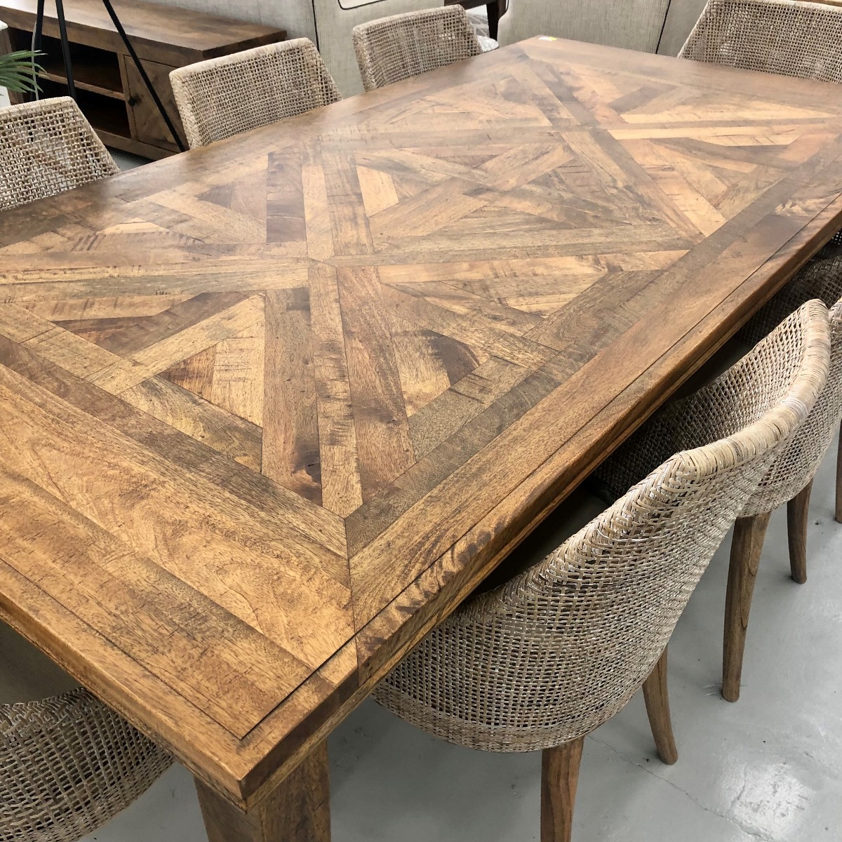 "Hayman" Hamptons Style Hardwood Timber Parquetry Dining Table, Vintage Finish, 300x120x77cm (RRP $3999) - Image 3
