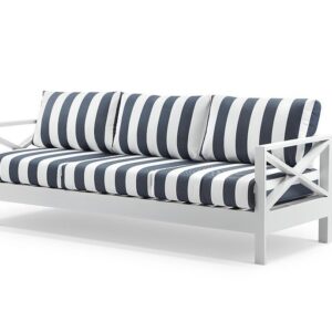"Montego Bay" Hamptons Style Outdoor Aluminium 3 Seater Lounge, White with Navy & White Stripe Cushions (RRP $2499)