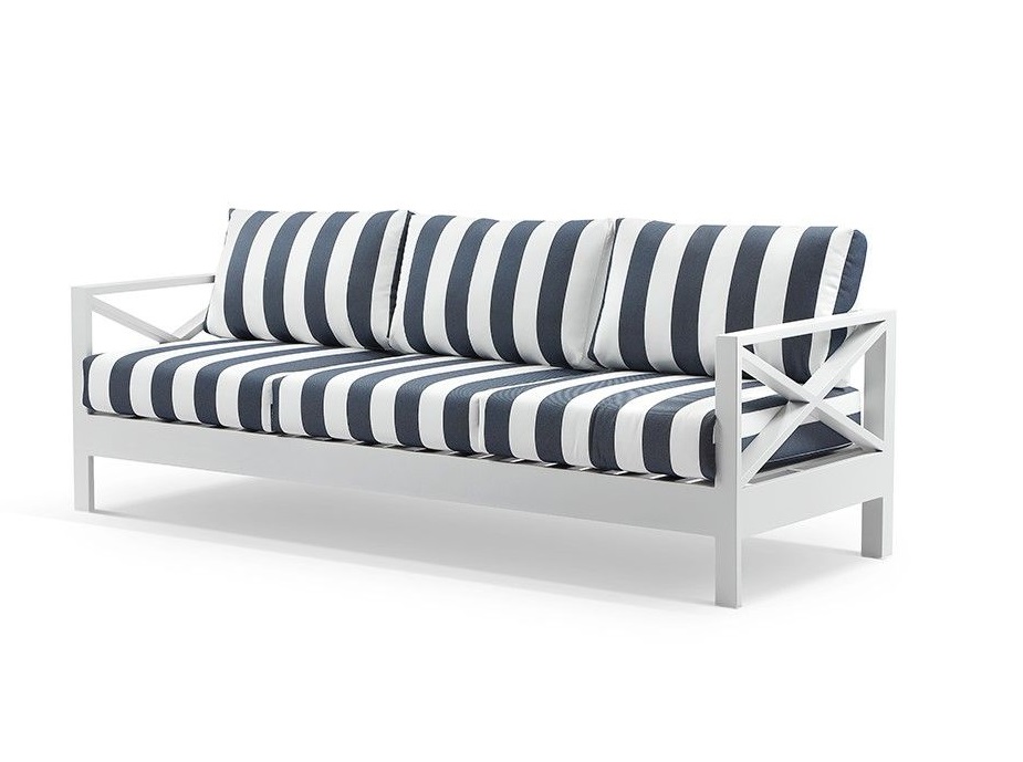"Montego Bay" Hamptons Style Outdoor Aluminium 3 Seater Lounge, White with Navy & White Stripe Cushions (RRP $2499)