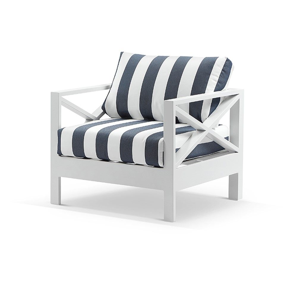 "Montego Bay" Hamptons Style Outdoor Aluminium 1 Seater Armchair, White with Olefin Navy & White Stripe Cushions (RRP $1199)