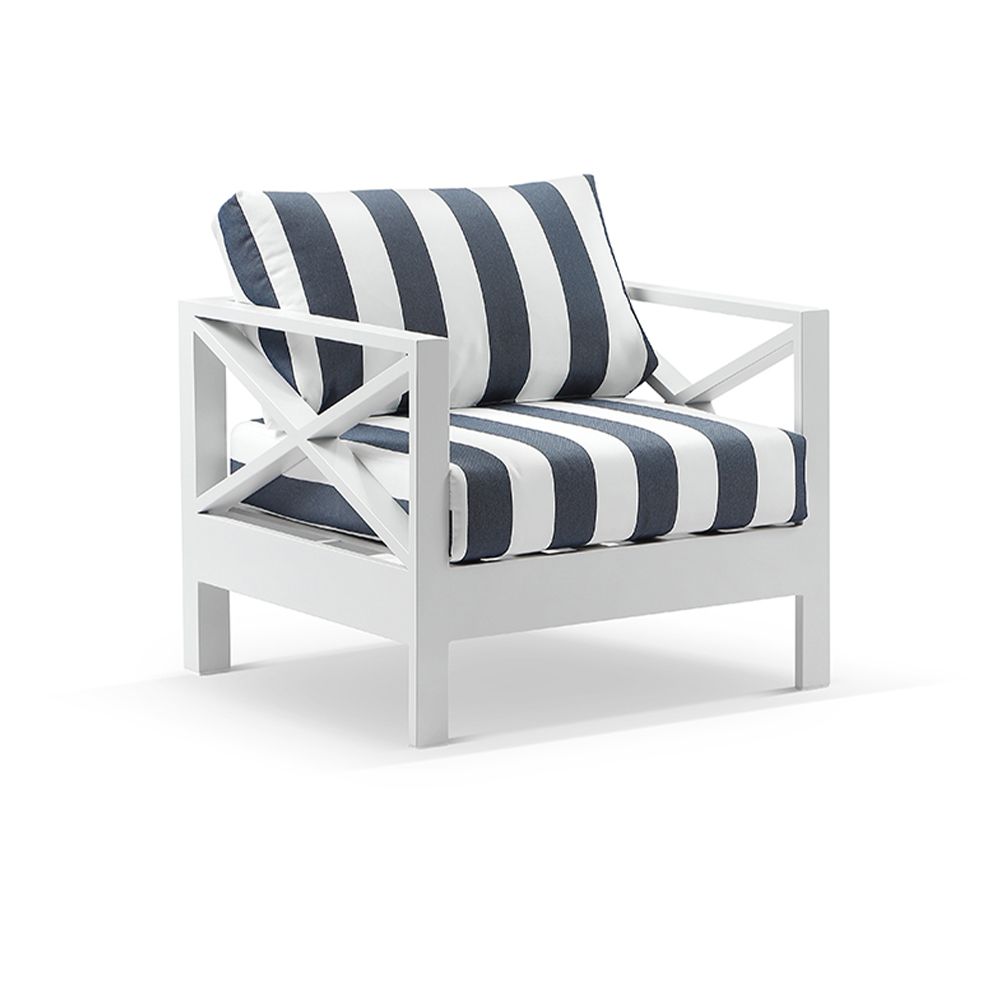"Montego Bay" Hamptons Style Outdoor Aluminium 1 Seater Armchair, White with Olefin Navy & White Stripe Cushions (RRP $1199) - Image 2