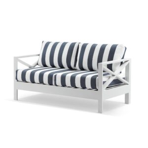 "Montego Bay" Hamptons Style Outdoor Aluminium 2 Seater Lounge, White with Navy & White Stripe Cushions (RRP $1599)