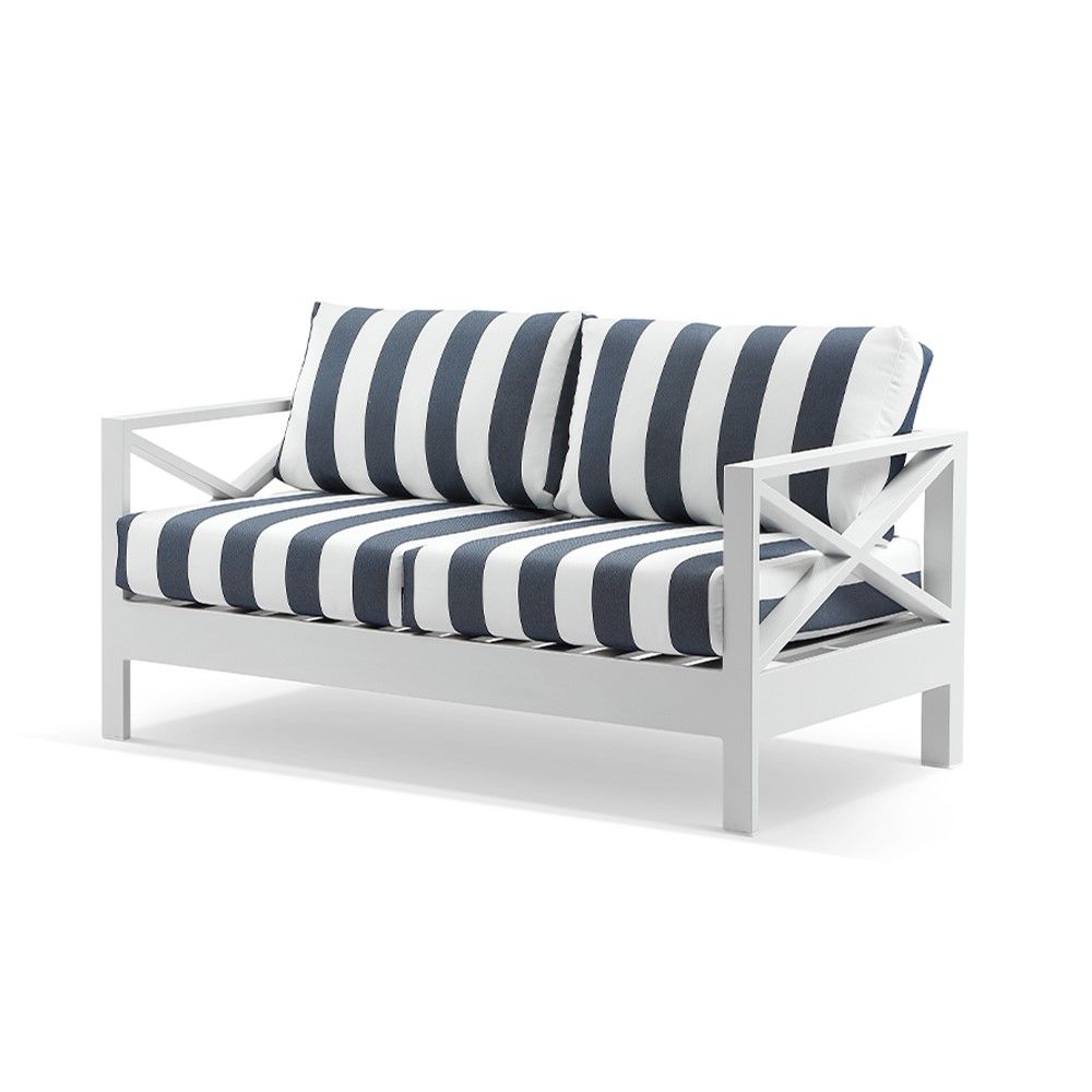 "Montego Bay" Hamptons Style Outdoor Aluminium 2 Seater Lounge, White with Navy & White Stripe Cushions (RRP $1599)
