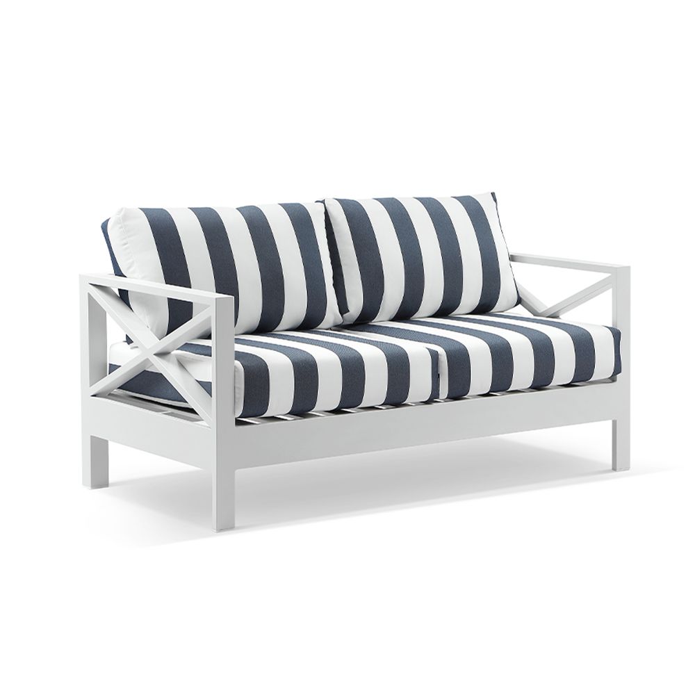 "Montego Bay" Hamptons Style Outdoor Aluminium 2 Seater Lounge, White with Navy & White Stripe Cushions (RRP $1599) - Image 2