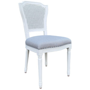 wp-image-tigress-40958.jpg “Marseille" Hamptons Style Rattan Back Dining Chair with Linen Cushioned Seat, White with Duck Egg Linen (RRP $599)