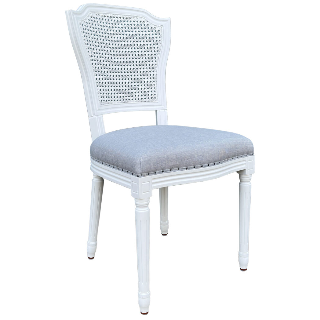 “Marseille" Hamptons Style Rattan Back Dining Chair with Linen Cushioned Seat, White with Duck Egg Linen (RRP $599)