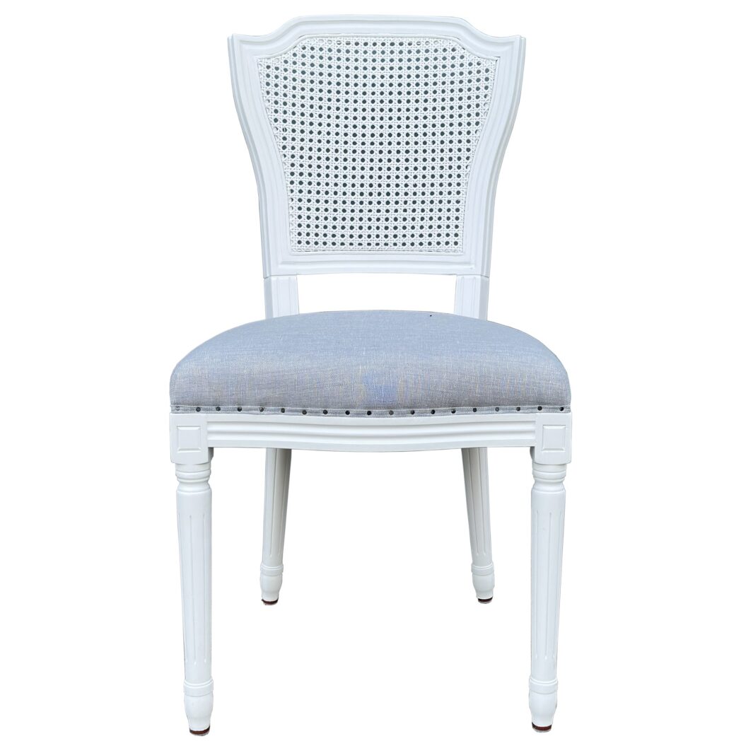 “Marseille" Hamptons Style Rattan Back Dining Chair with Linen Cushioned Seat, White with Duck Egg Linen (RRP $599) - Image 2