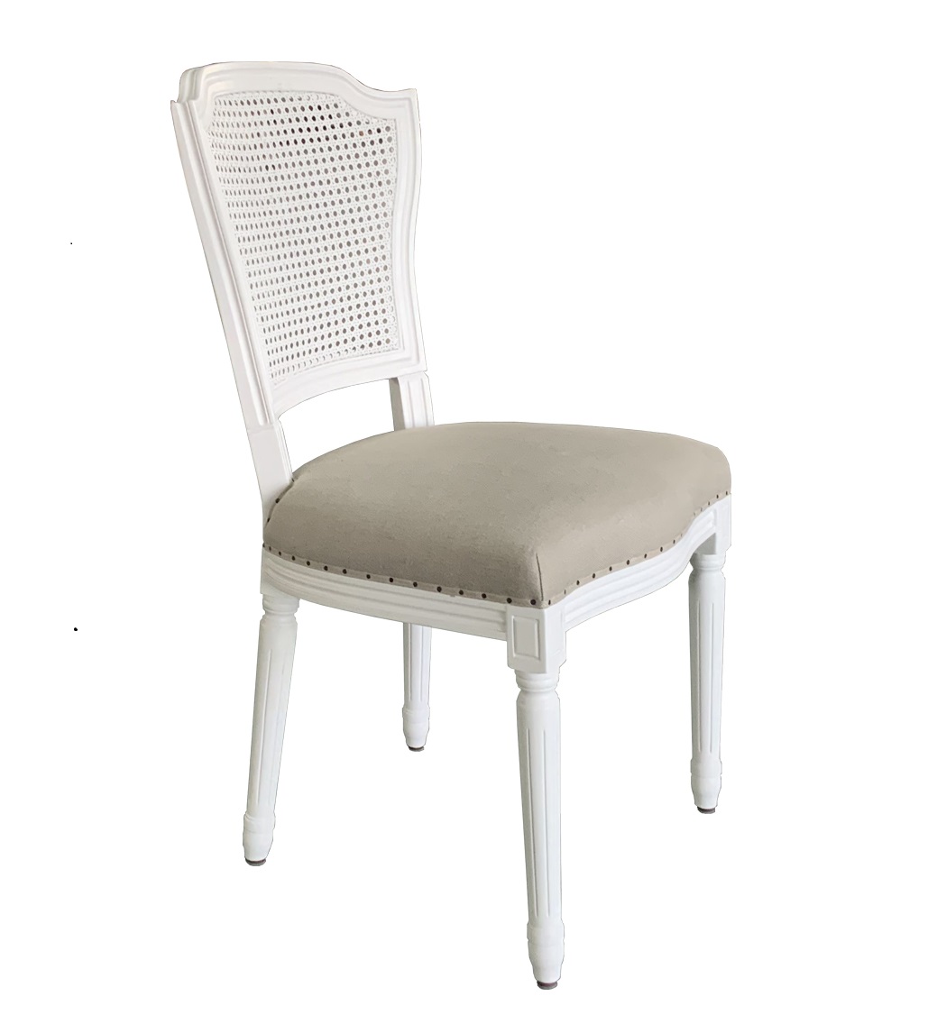 “Marseille" Hamptons Style Rattan Back Dining Chair with Linen Cushioned Seat, White with Oatmeal Linen (RRP $599)