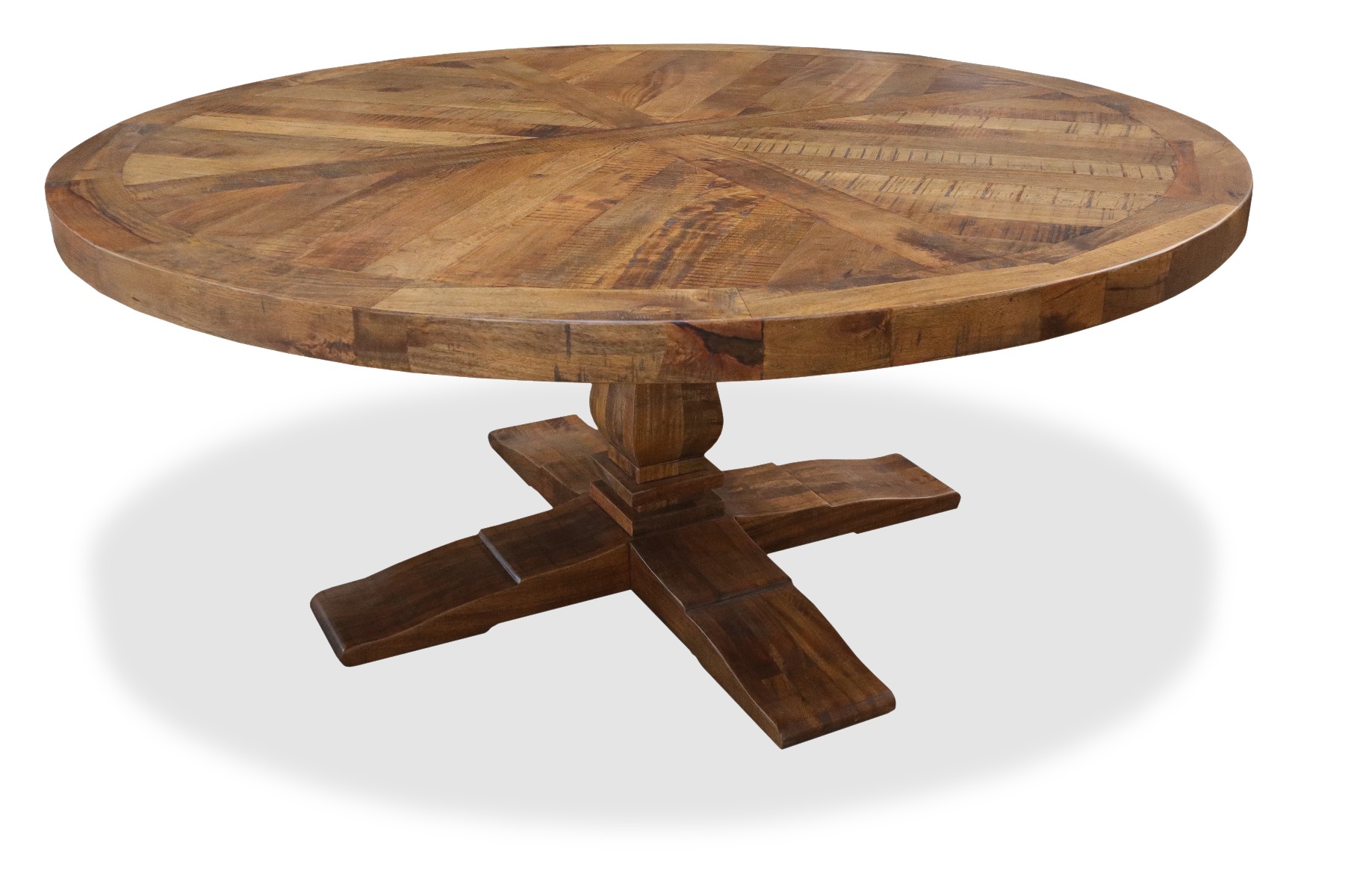 "Whitsunday" Hamptons Style Parquetry Hardwood Timber 180cm Round Dining Table, Vintage Finish (RRP $3999)