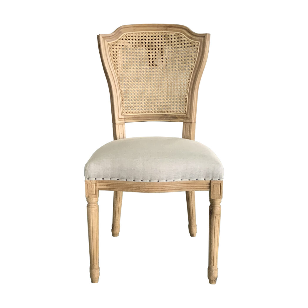 “Marseille" Hamptons Style Rattan Back Dining Chair with Cushioned Seat, Weathered Oak Linen Seat (RRP $699)