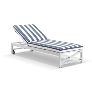 "Montego Bay" Hamptons Style Aluminium Sun Lounge in White with Navy & White Cushions with wheels (RRP $1999)
