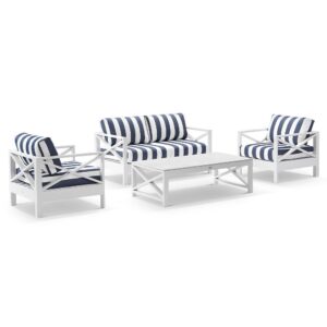 wp-image-tigress-41012.jpg "Montego Bay" Hamptons Style Outdoor Aluminium 4 Piece 2+1+1 Seater Lounge Setting, White with Olefin Navy & White Stripe Cushions (RRP $3999)