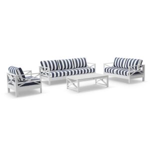 wp-image-tigress-41015.jpg "Montego Bay" Hamptons Style Outdoor Aluminium 4 Piece 3+2+1 Seater Lounge Setting, White with Olefin Navy & White Stripe Cushions (RRP $4999)