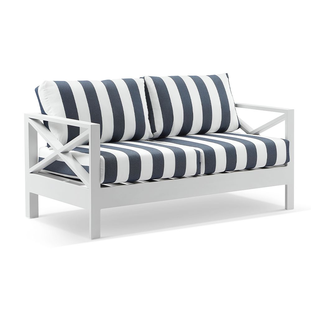 "Montego Bay" Hamptons Style Outdoor Aluminium 4 Piece 3+2+1 Seater Lounge Setting, White with Olefin Navy & White Stripe Cushions (RRP $4999) - Image 3