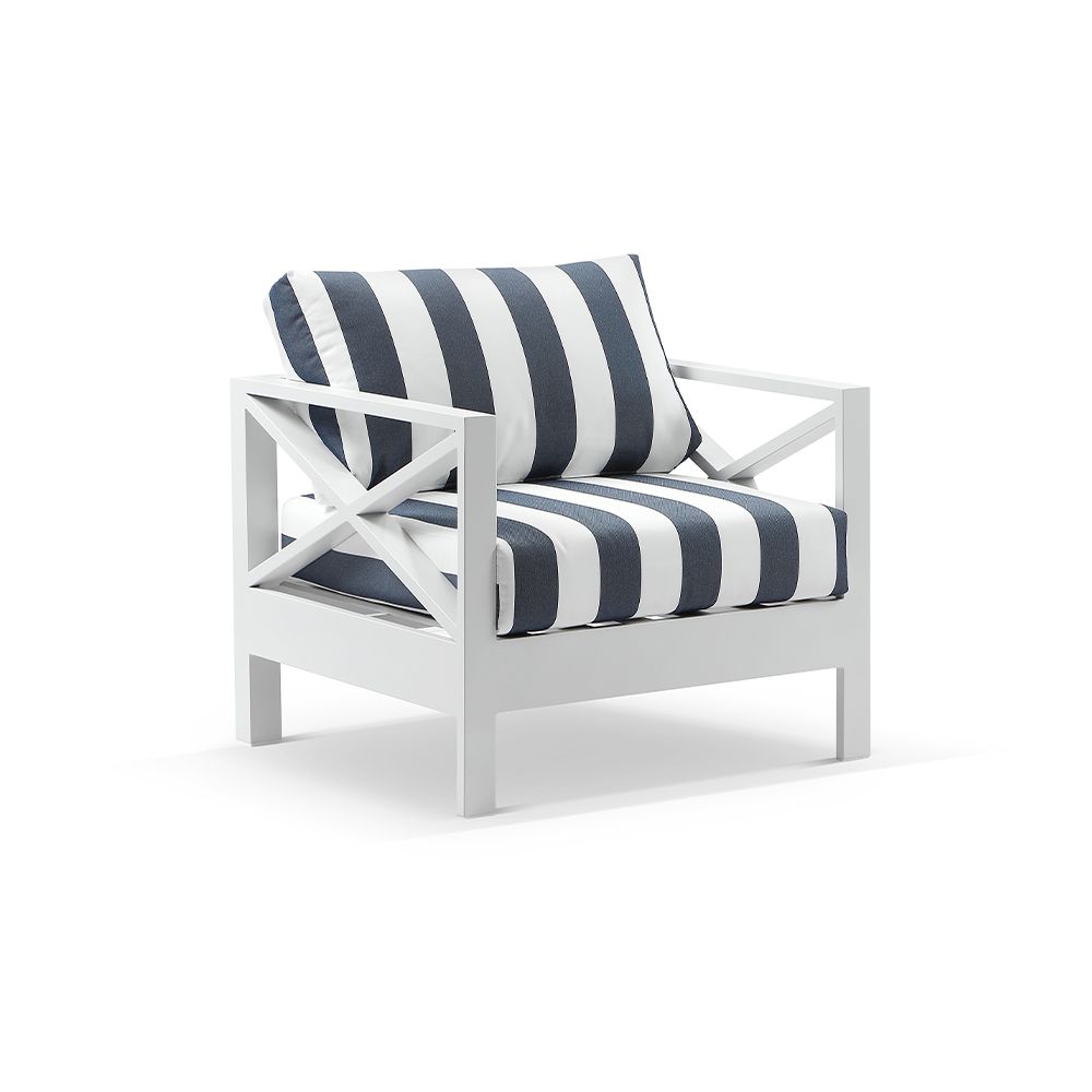 "Montego Bay" Hamptons Style Outdoor Aluminium 4 Piece 3+2+1 Seater Lounge Setting, White with Olefin Navy & White Stripe Cushions (RRP $4999) - Image 4