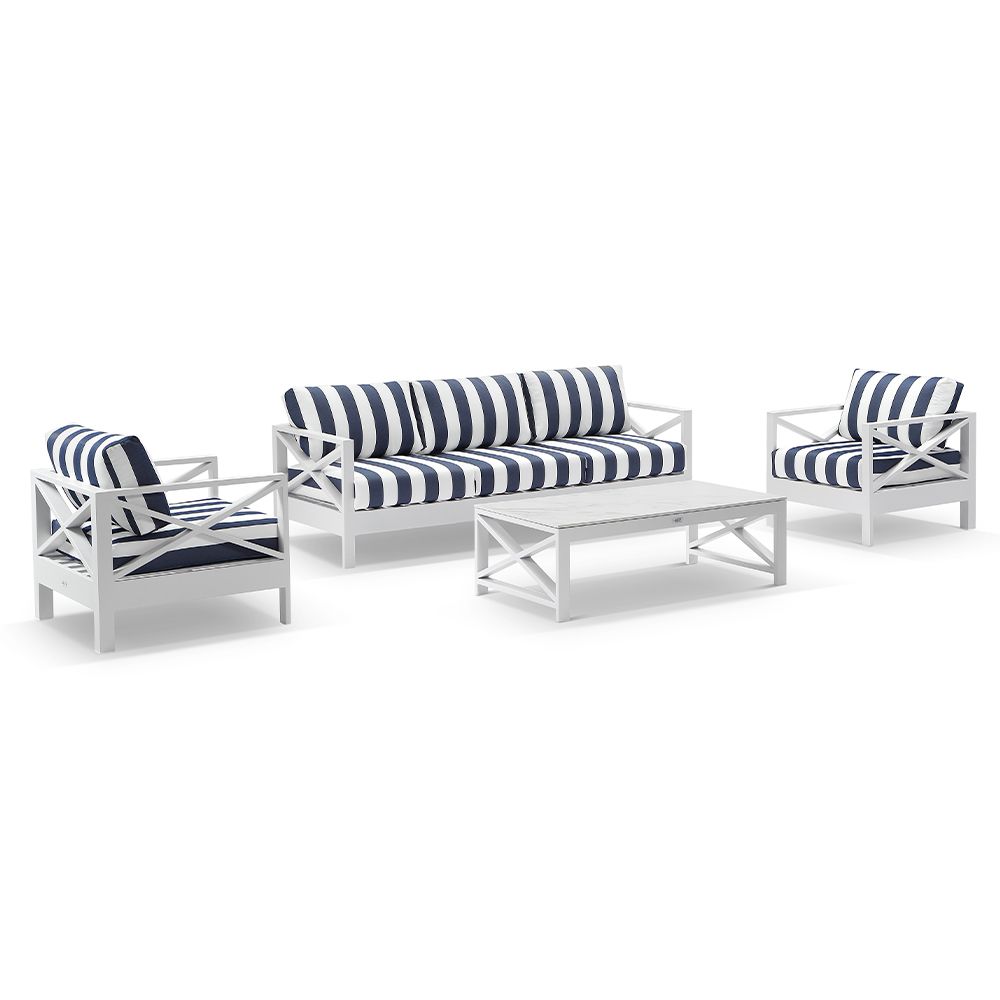 "Montego Bay" Hamptons Style Outdoor Aluminium 4 Piece 3+1+1 Seater Lounge Setting, White with Navy & White Stripe Cushions (RRP $4999)